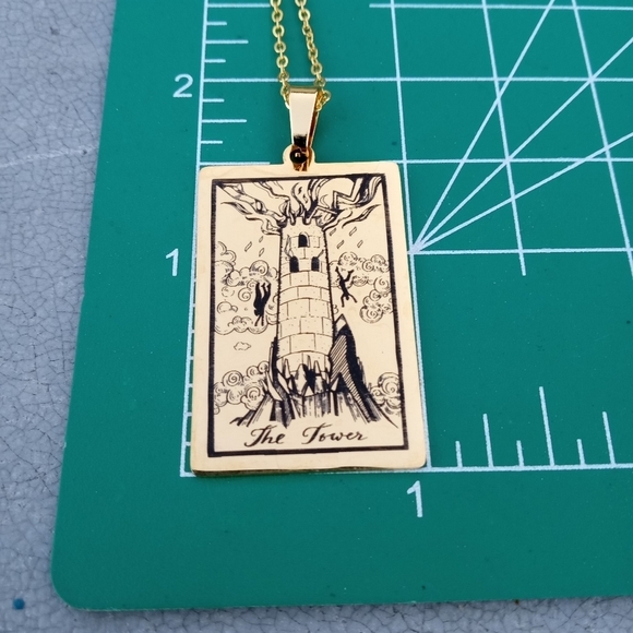 ❤️ 2/$20 The Tower Tarot Card Stainless Steel Necklace NWT Gold Version - Picture 2 of 2